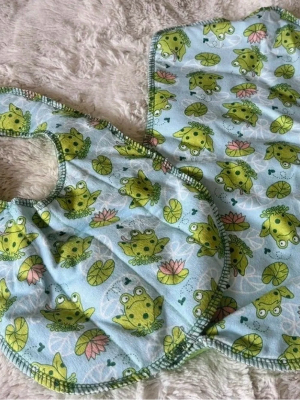 Light Blue Frog-Print Handmade Baby Bib  & Burp Cloth Set